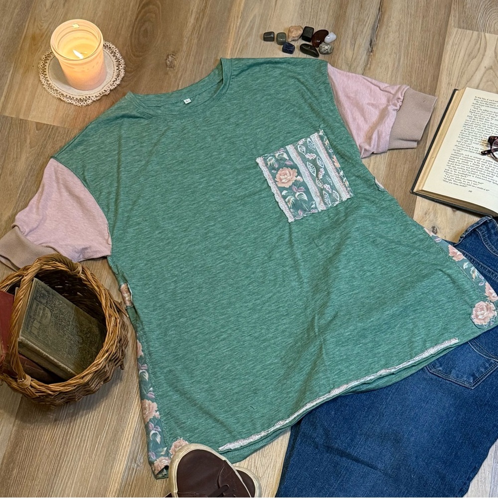 Upcycled Scrappy Floral Raw Appliqué Patchwork Tee Shabby Chic Cottagecore Style